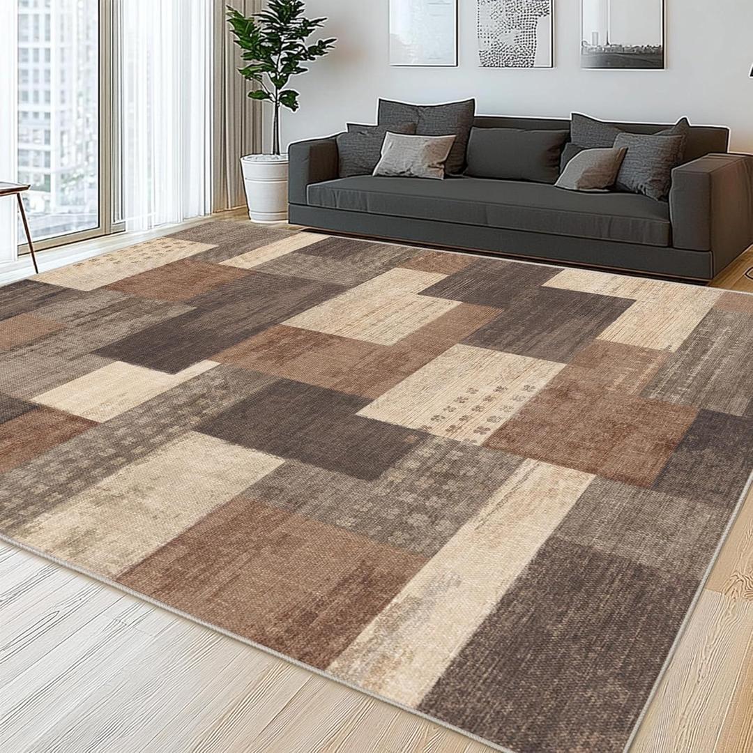 Modern Geometric Patchwork Indoor Area Rug for Living Room, Beige 6'x 9' Large Rug Rockwood Collection Hardwood Floors Decor for Bedroom, Beige Throw Carpet for Office Entryway Dining Room