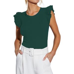 Ezbelle Women's Summer Tank Tops Ruffle Shirts Ribbed Knit Sleeveless Blouse Sexy Tshirt Trendy Outfits (Green, L)