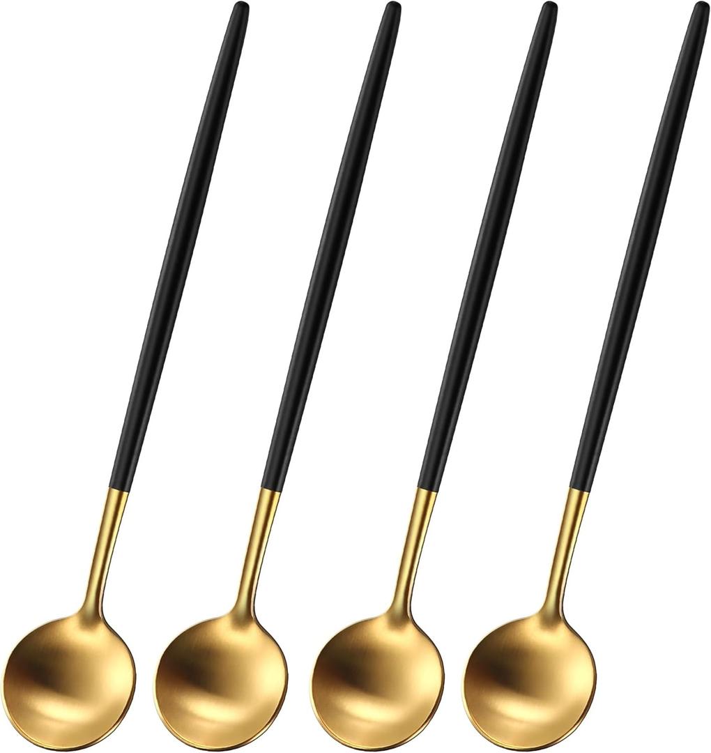 4 PCs 6.7 Inches Brush Gold Stainless Steel 304 Iced Tea Spoons With Black Handle,Long Handle Coffee Stirring Spoon,SS18/10 Matte Gold Black Handle Teaspoons