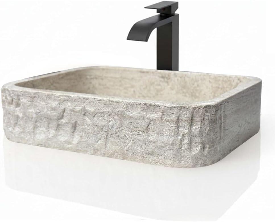 Rectangular Travertine Vessel Sink, Natural Stone Wash Basin, Hand-Carved Bathroom Sink, Chiseled Exterior, Polished Interior, Above Counter Vanity (Soap Tray Included)