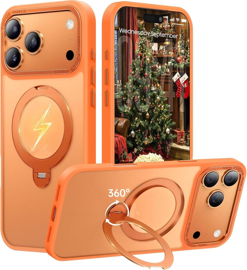 360 Spin Magnetic Stand for iPhone 17 Pro Case, Fit for MagSafe, Mil-STD Protective Case for iPhone 17 Pro Phone Case with Kickstand Rotatable 6.3 inch, Orange