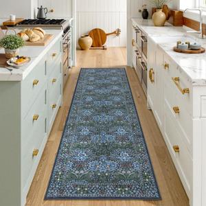 Lahome Floral Washable Kitchen Runner Rug, 2x6 Runners for Hallways | Non Slip Ultra-Thin Boho Soft Hallway Rug Forest Blue Carpet for Bedroom Bathroom Laundry Room Giverny, Blue