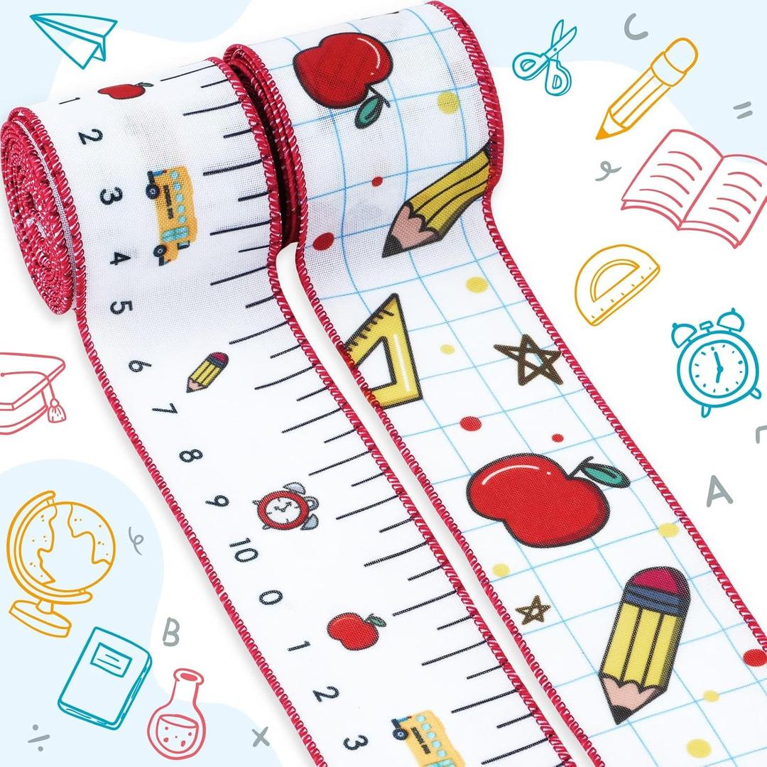2 x YKW 2 Rolls Pencil Ruler Back to School Wired Edge Ribbon, 2.5" x 5 Yards Burlap Apple Teacher Ribbon for Gift Wrapping Classroom Decorations DIY Crafts (Back to School - Pencil Ruler)