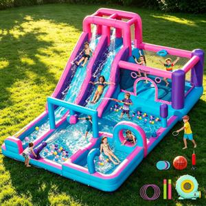 FBSPORT Inflatable Bounce House Bouncy House with Double Water Slide, Inflatable Bouncy Castle Water Bounce House with 750W Blower, Climbing Wall, Jumping, Splash Pool for Kids Indoor Outdoor, 1.51 ft x 1.47 ft x 2.29 ft