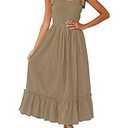 ZESICA Women's 2024 Summer Boho Spaghetti Strap Square Neck Solid Color Ruffle A Line Beach Long Maxi Dress, Khaki, X-Small