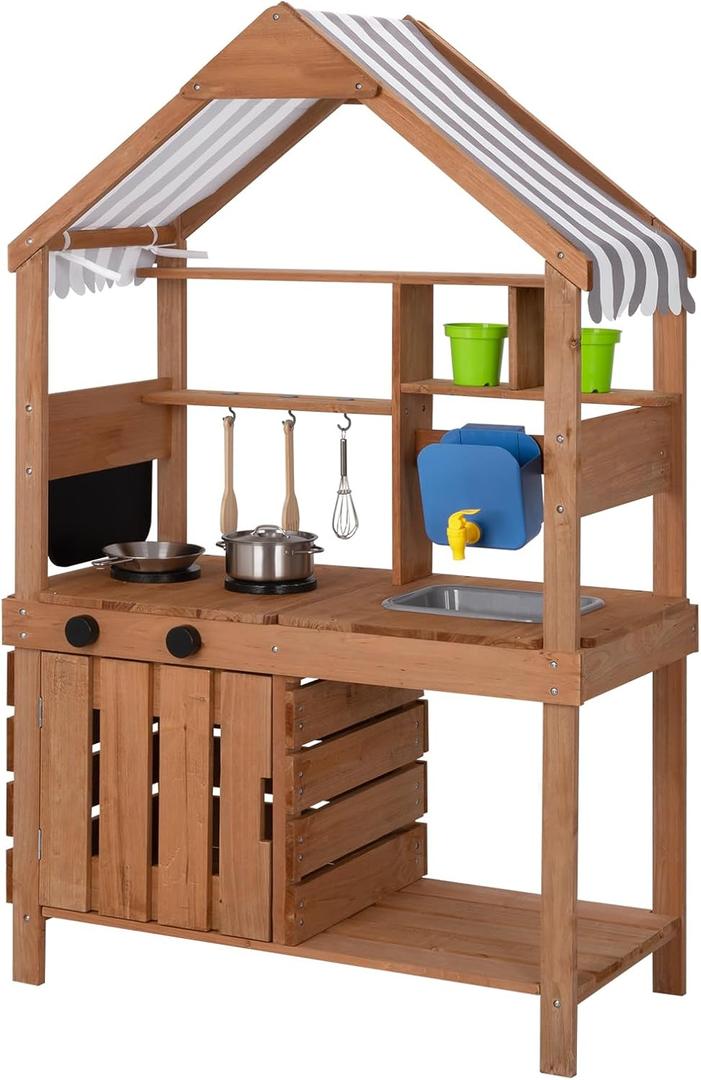 Mud Kitchen for Kids Outdoor, Kids Kitchen Playset with Canopy, Gardening Tools, Chalkboard, Flower Pot, Cookingware, Removable Water Tank, Ideal Gift for Boys and Girls 3+, Solid Fir Wood.