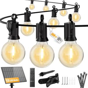 Brightown 108FT 52LED Solar String Lights Outdoor with Remote & USB Port, Shatterproof Bulbs, Dimmable & Timable, 3 Modes, Patio Lights Solar Powered with Mount Clips for Camping Backyard Garden Decor