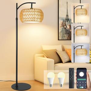 Boho Rattan Floor Lamp with Shade 12W Bright Dimmable LED Bulb, Remote Control 3 Color Temperatures, Modern Farmhouse Handwoven Arc Standing Light for Living Room Bedroom