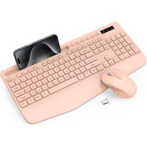 Trueque Wireless Keyboard and Mouse Combo - Full-Sized Ergonomic Keyboard with Wrist Rest, Phone Holder, Sleep Mode, Silent 2.4GHz Cordless Keyboards Mice Set for Computer, Laptop, PC, Windows (Pink)