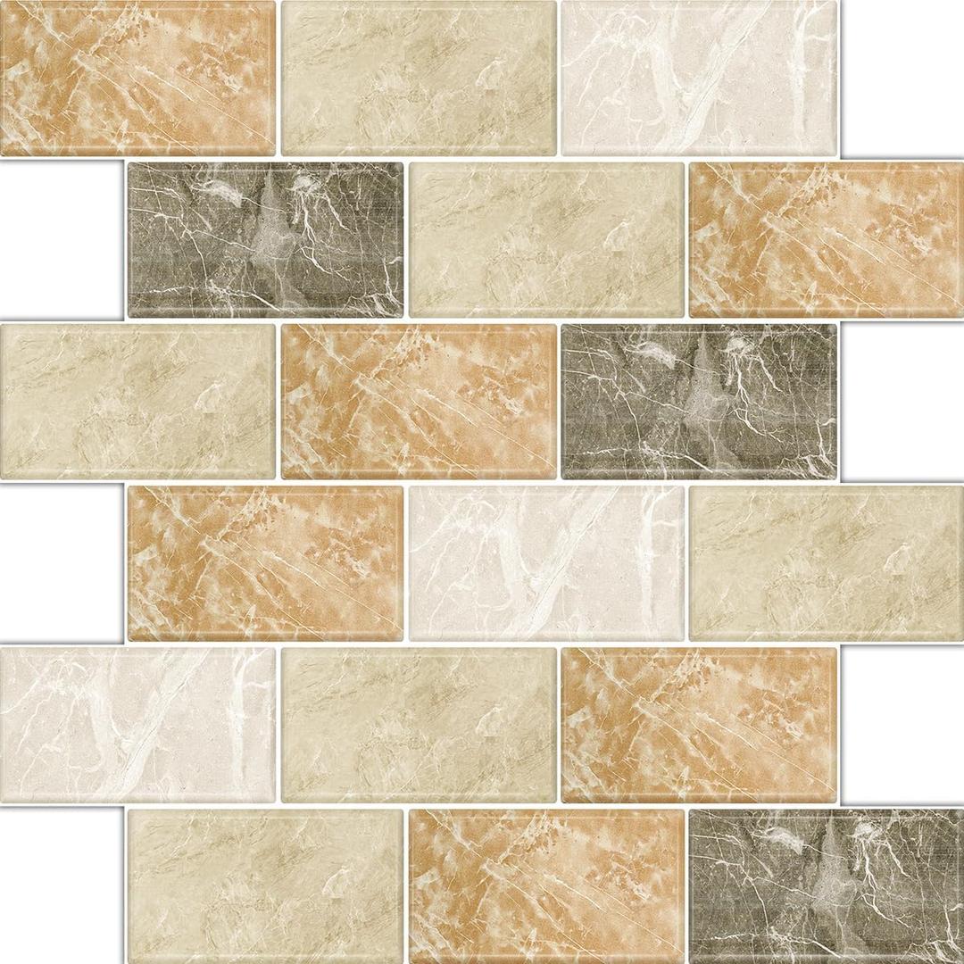10 Sheets Kitchen Backsplash Tiles Peel and Stick 12"X12" Adhesive Flat Vinyl Wall Sticker on Renter Friendly Back Splash for Bathroom Light Brown Marble (Not 3D Tile)