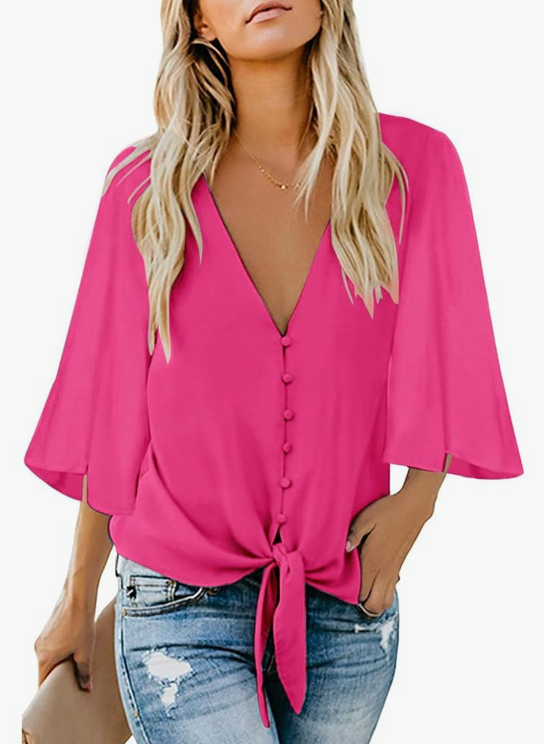 Kancystore Womens Button Down V Neck Tie Knot Front Tops 3/4 Sleeve Chiffon Casual Blouse Shirts XL