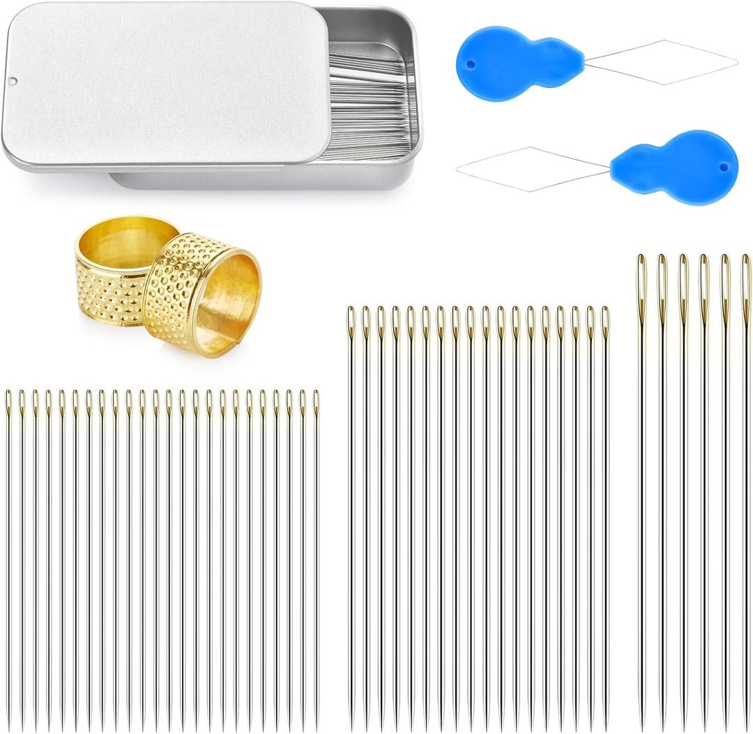 48 Pcs Sewing Needles, Small Eye Stainless Steel Needle with Threader and Thimble, Hand Sewing Supplies for Leather Cotton Fabric Denim, Small Eye Emergency Sewing Kit not Damaging The Leather