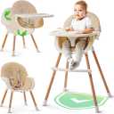 3-in-1 High Chair for Babies and Toddlers - Convertible Wooden Baby Highchair for Eating with Safety Belt, Foldable Baby Feeding Chair with 3-Position Removable Tray, Adjustable Legs (Beige)