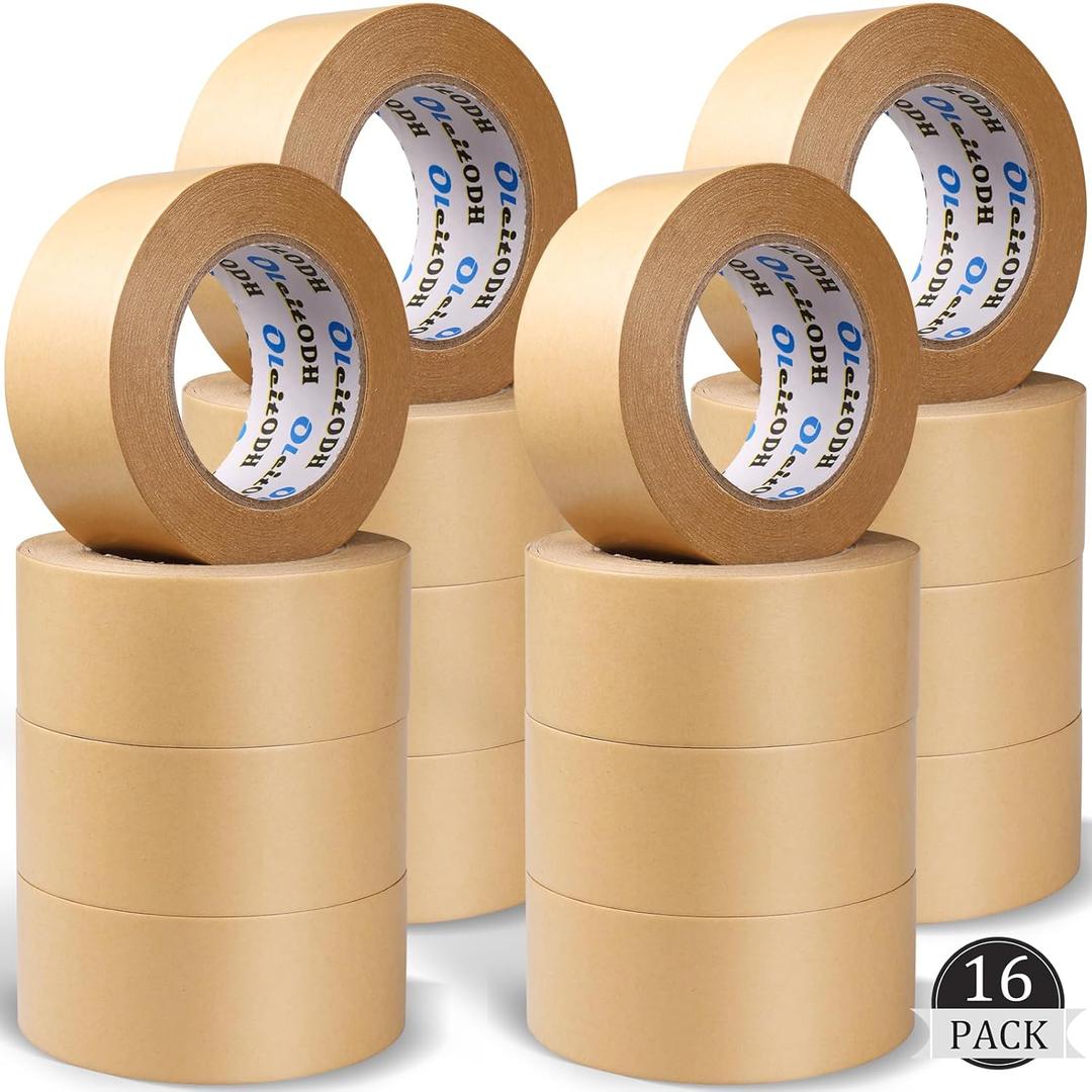Oleitodh 16 Pack Brown Paper Packing Tape, Kraft Paper Tape Bulk 2" x 55 Yardx 7 mil Gummed Tape for Marking, Sealing Box, Masking, Shipping, Strong Adhesive Easy-to-Tear Waterproof Tape