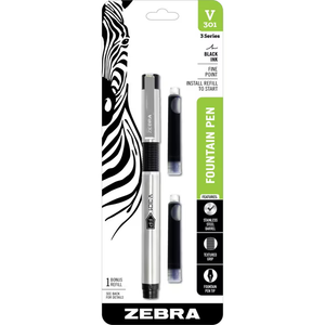 Zebra V-301 Stainless Steel Fountain Pen with Bonus Refill, Fine Point, 0.7mm, Black Ink, 1-Count