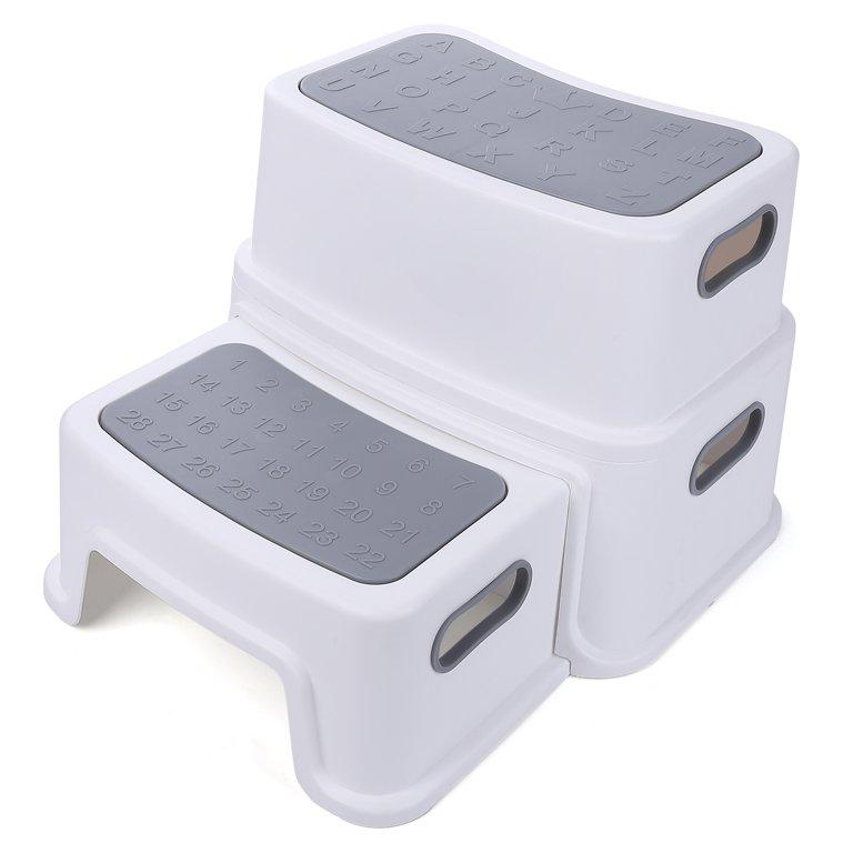 Toddler Step Stool,2 Step Stools for Kids with Anti-Slip Surface and Rubber Bottom, Kids Step Stool Poop Stool for Toilet Potty Training, Bathroom, Kitchen(Include 1 Dino) (Gray)