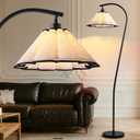 Floor Lamp with Pleated Linen Lampshade, Modern Flower Floor Lamp for Living Room Arc Standing Lamp, Gold Tall Lamp for Bedroom Office Dining Room, Bulb Included (Black + Black, 66.1IN)