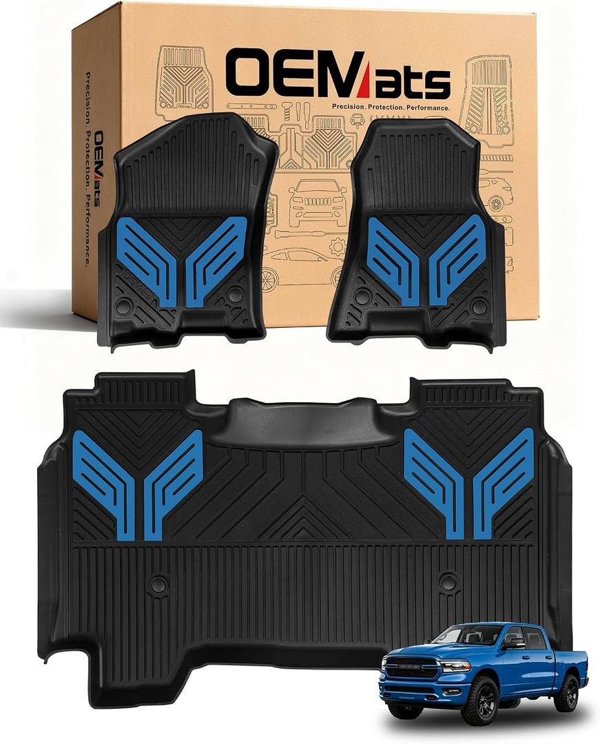 Premium Color TPE Floor Mats for Ram 1500 Crew Cab 20192024 | Bucket Seats | All-Weather Custom Fit Floor Liners Full Set | Hydro Blue Wing Design | No Rear Under-Seat Storage (Not Classic)