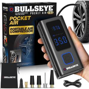 POCKET AIR PRO Tire Inflator Portable Air Compressor by Bullseye Pro for Tires, Balls, Bike with Persta Valve, Auto Shut Off, Inflates in 2 Min, Cordless Rechargeable 6000MAH,150 PSI, SoS Light