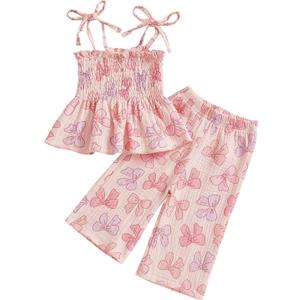 VISGOGO Toddler Baby Girl Outfits Sleeveless Smocked Strap Camisole Linen Pants Bow Baby Summer Clothes (4-5T)