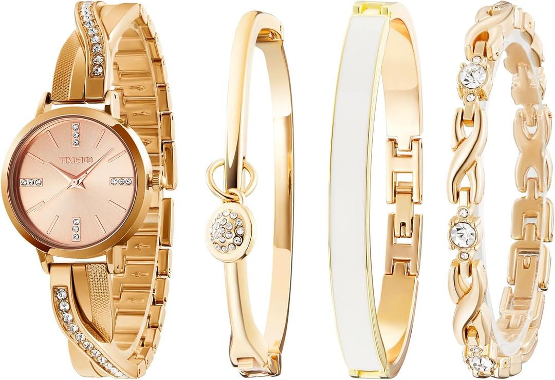 Women's Bangle Watch and Gold Watch Chain Bracelets Premium Crystal Accented Bracelet Set W50888L