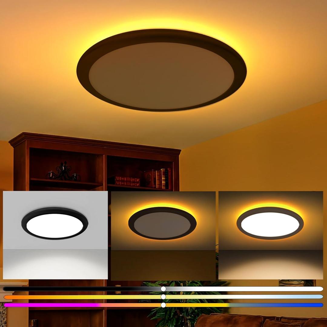 zouzai 12 inch LED Ceiling Light Flush Mount, 5CCT Adjustable 2700K-6000K, Amber/Pink/Ice Blue Night Light, 22W+8W Dimmable Fixture for Bedroom, Living Room (Black, DIP Switch, 1 Pack)