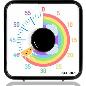 Secura 60-Minute Visual Timer, 7.5 Inch Magnetic Rainbow Countdown Timer for Classroom or Kitchen, Durable Mechanical Timer Clock with Magnetic Backing (Black & Sun)