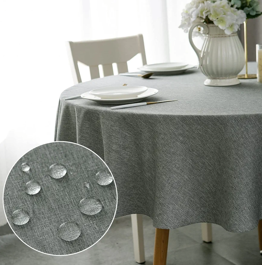 Qidordour Round Tablecloth, 48 inch Diameter, Faux Linen Table Cloth, Water Resistant Spill-Proof Wipeable Polyester Dining Table Cover for Kitchen Cafe Restaurant Buffet Tabletop Decoration, Grey