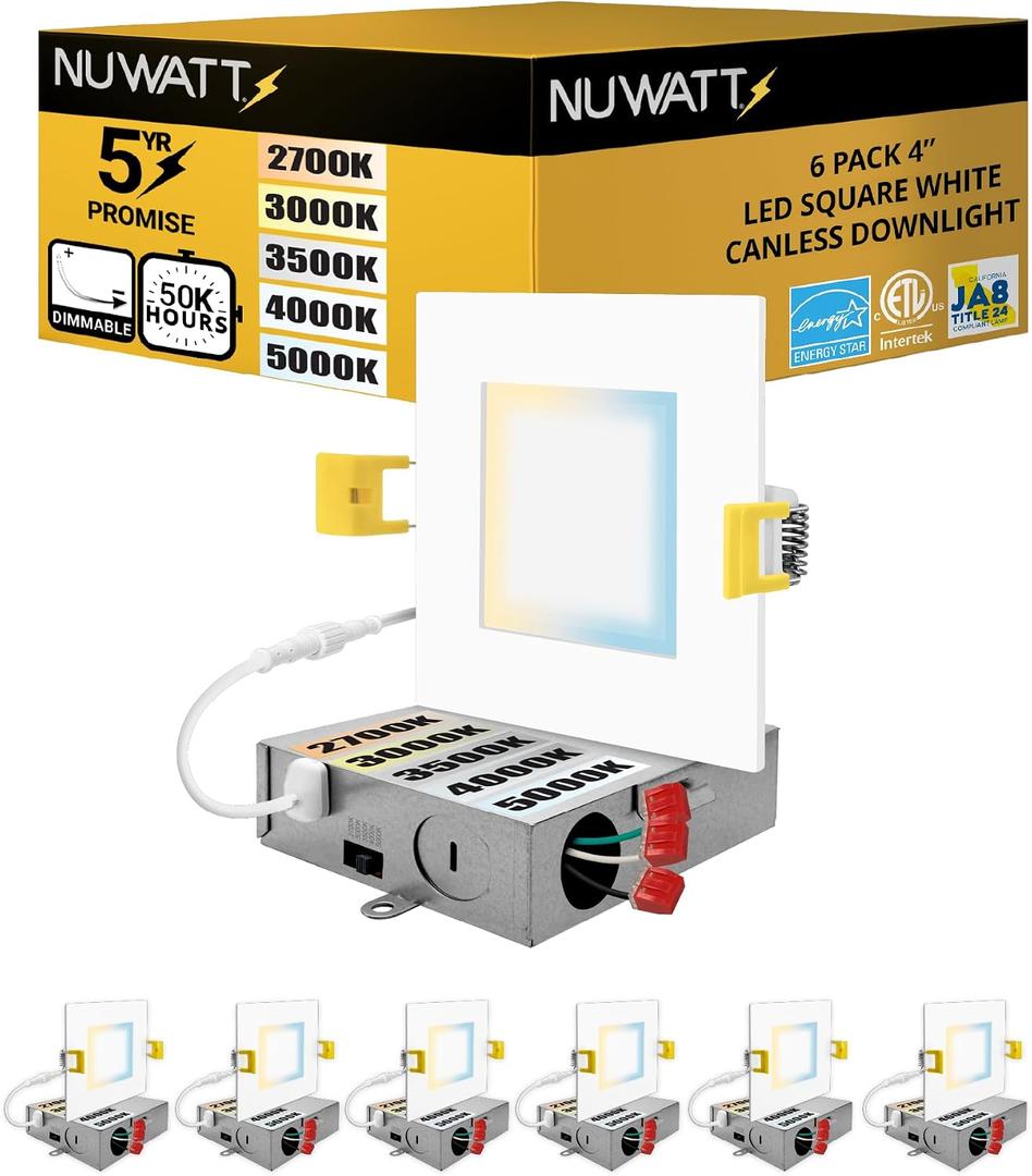 NUWATT 4 Inch Square Wafer LED Recessed Lights, 5 CCT Selectable 2700K/3000K/3500K/4000K/5000K, 630 Lumens Dimmable, Wet & IC Rated Downlight, 4" Canless Square Recessed Lighting, Metal J-Box, 5 Pack