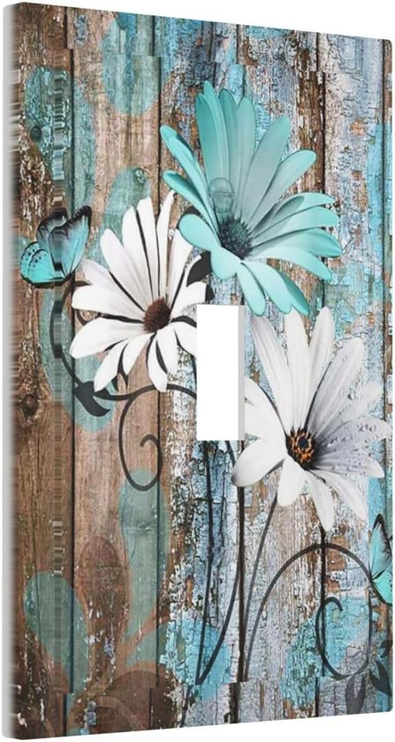 Farmhouse Country Teal Flower Floral Butterfly Decorative Single Toggle Light Switch Cover 1-Gang Wall Plate Blue Daisy Brown Wood Wooden Board Electrical One Device Outlet Switch Face Wallplate Cover
