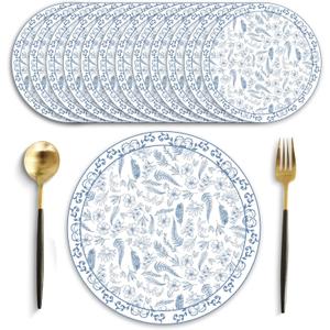 50 Pack Blue Floral Vintage Paper Placemats 13.7 Inch Disposable Blue and White Placemats Decorative Chinoiserie Round Table Mats for Wedding Baby Shower Anniversary Birthday Party Supplies
