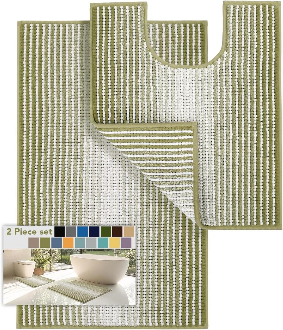 Bathroom Rugs Sets 2 Piece, Toilet Rugs U-Shaped, Contour Bath Mat Rugs Set for Toilet Bathroom, Soft Absorbent Chenille Bath Carpet, Quickly Dry, Washable (Linden Green, 32" x 20" + 24" x 20")