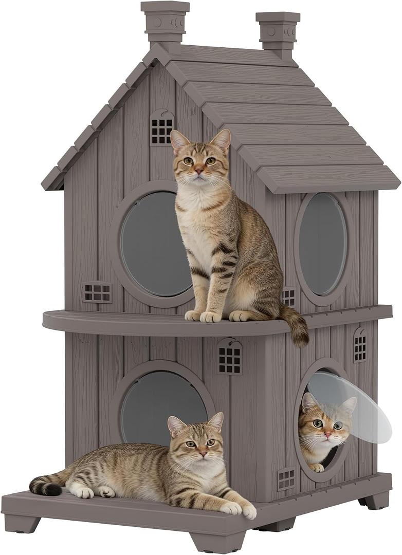 Outdoor Cat House Weatherproof, Durable Resin Cat Houses for Outdoor Indoor Cats, Litter Box Enclosure with Elevated Base, Anti-Slip Pad, Ventilation, Double-Story, Coffee Brown