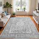 4x6 Grey Washable Boho Area Rug for Bedroom, Vintage Floral Non Slip Living Room Rugs, Soft Low Pile Indoor Mat, Aesthetic Pattern Carpet for Kitchen, Dining Room and Bedside