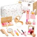 Wooden Makeup Toy Set for Girls - Pretend Play Makeup Kit for Toddlers 3-5 with Eyeshadow/ Mascara/ Perfume/ Blush/ Mirror/ Bag, Birthday Gifts for Girls Toys Kids Aged 3 4 5 6 7 8