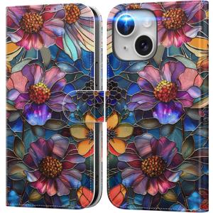 DEENAKIN for iPhone 15 Wallet Case with Card Holder + Cash Clip, RFID-Blocking, Military-Grade Drop Protection & UV-Printed Artwork, Magnetic Closure with Leather Kickstand - Vibrant Defined Blossoms