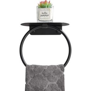 APLusee Matte Black Bath Towel Ring with Shelf, Stainless Steel Towel Holder, Wall Mount
