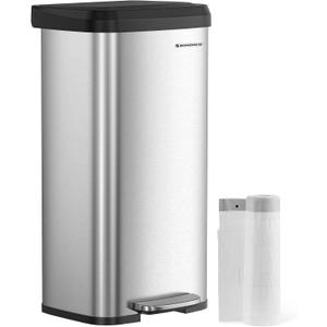 SONGMICS Kitchen Trash Can, 18-Gallon Stainless Steel Garbage Can, with Stay-Open Lid and Step-on Pedal, Soft Closure, Tall, Large and Space-Saving, Silver and Black ULTB520E68