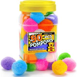 Bundooraking Pom Poms, 1.5 Inch (4cm) 90pcs Multicolor Bulk Large Balls Arts&Crafts, Soft and Fluffy Craft Pompoms in Jar for Making Decorations DIY Craft Supplies
