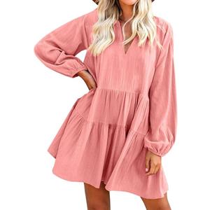 FANCYINN Cute Shift Tunic Dress for Women Ruffle Swing Babydoll Mini Long Sleevee Dress with Pockets M