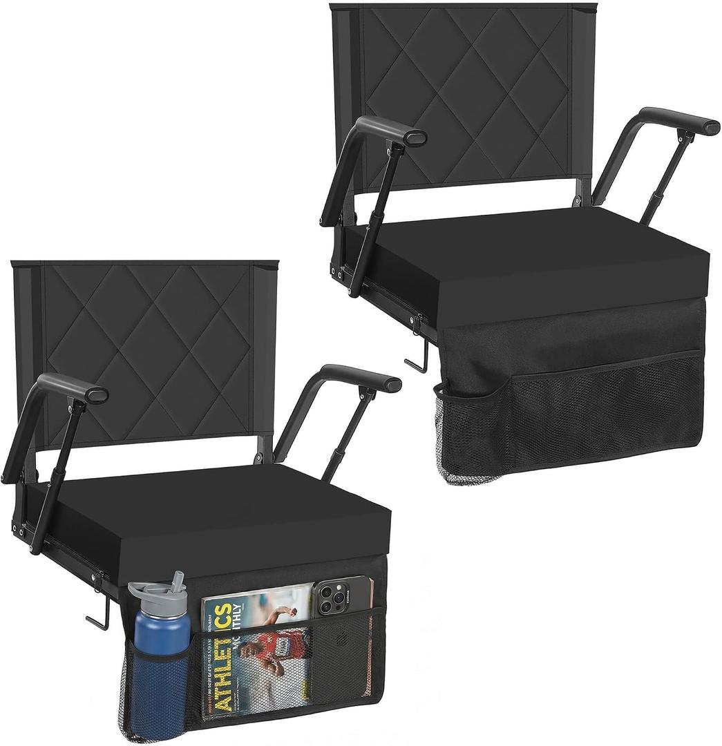 Sheenive Stadium Seats for Bleachers with Back Support (2 Pack) - 2.8'' Thick Wide Cushion & Padded Armrests, Cup Holder, Pockets, Carry Strap for Sports Events