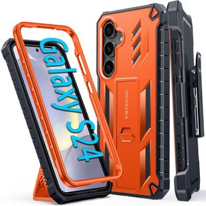 FNTCASE for Samsung Galaxy S24 Case: Military Shockproof Protective Phone Cover with Belt-Clip Holster & Kickstand, Full-Body Drop Proof Protection Heavy Duty Durable Rugged Cases for S24 5G Orange