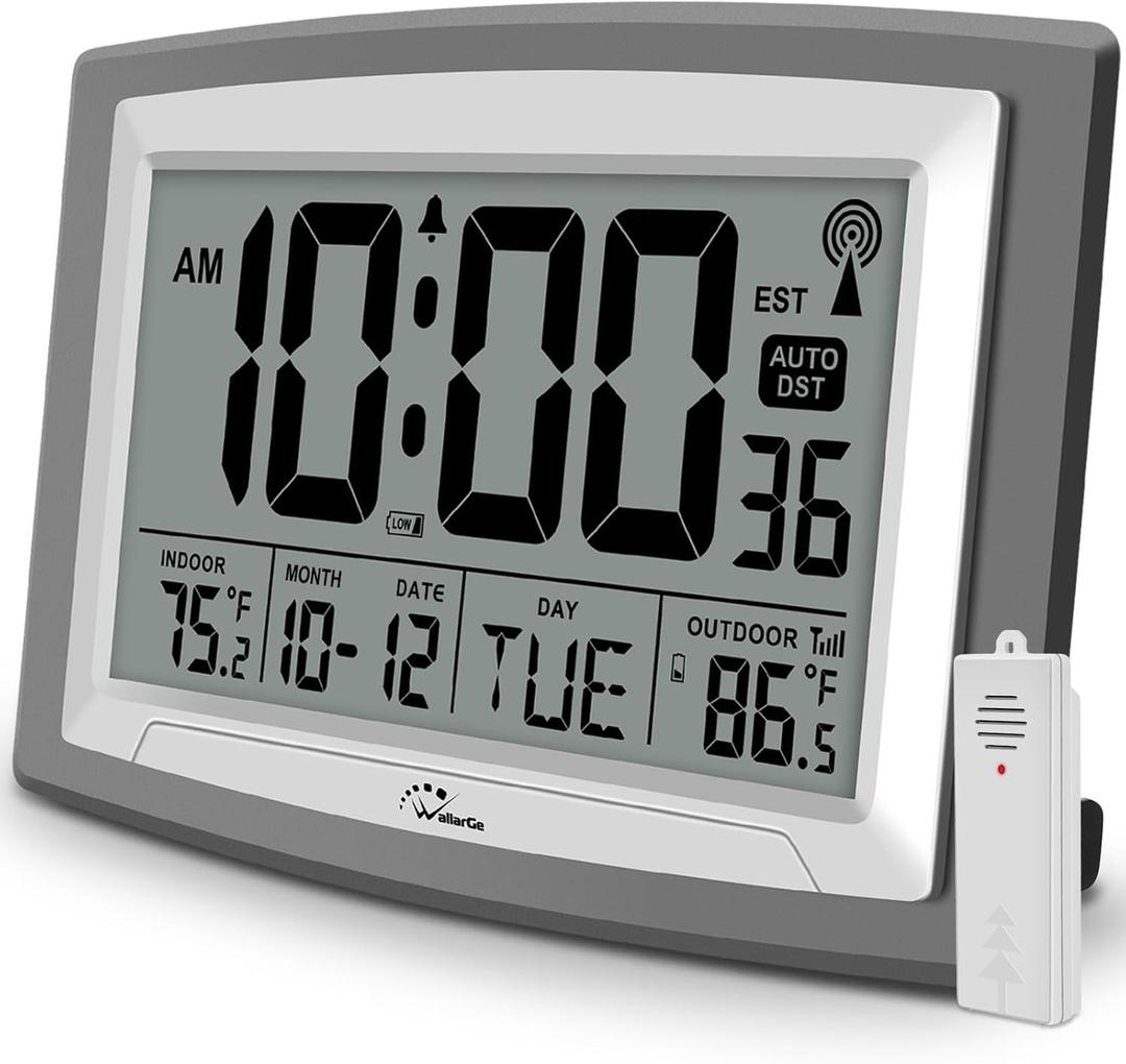 WallarGe Atomic Clock with Outdoor and Indoor Temperature - 12.5 Inch Self-Setting Digital Clock Large Display, Battery Operated Wall Clocks or Desk Clocks for Bedroom, Livingroom, Office, Gray
