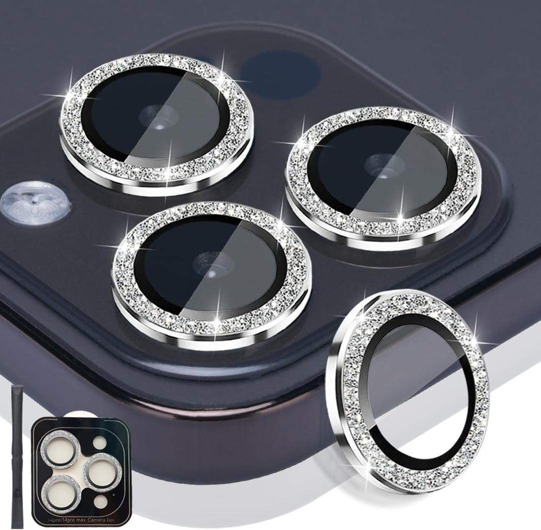 Camera Lens Protector for iPhone 14 Pro & iPhone 14 Pro Max, Tempered Glass Lens Protector Aluminum Alloy Ring Camera Cover Fits for iPhone 14 Pro/iPhone 14 Pro Max (Glitter Silver)
