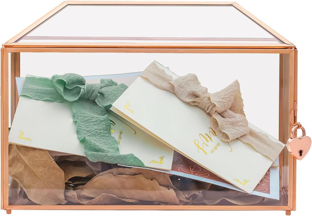 NCYP Wedding Cards Box with Slot and Lock, 12.6" x 5.9" x 9" Rose Gold Glass Envelope Card Holder for Birthday Party Reception, Decorative Terrarium (Glass Box Only) Slot Length 7.3 Inches