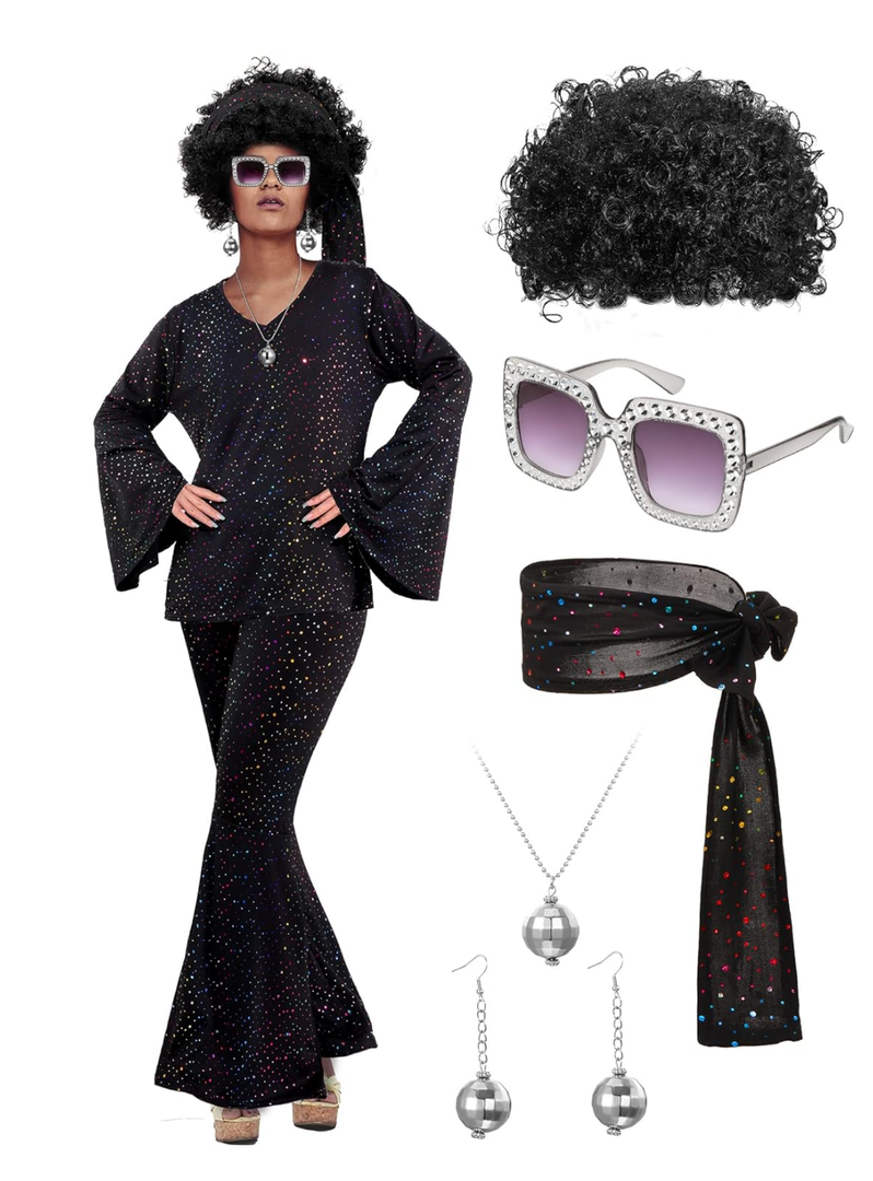 Jexine Halloween 70s Women Disco Costume Set Disco Party Top Pants Sunglasses Ball Necklace Earring Wig , Size XXL