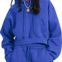 Kissonic Women's Fleece Jogger Sets 2 Pieces Sweat suits Outfits Crop Top Hoodies Jogger Pants (Large, Blue)