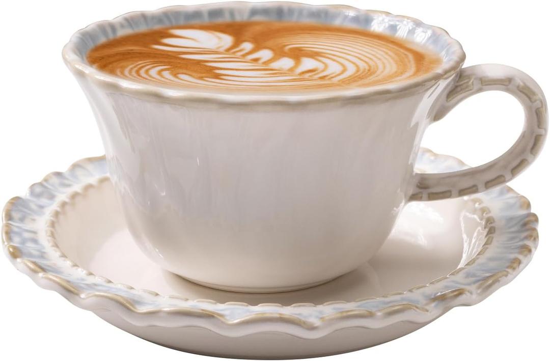 Vintage Porcelain Coffee Cup and Saucer Set, 12 OZ Ceramic Latte Mug - Farmhouse Cappuccino Cups for Espresso and Turkish Coffee, Artisan Tea Cups, Great Barista Gift for Home Cafe