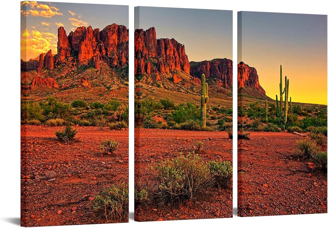 Biuteawal 3 Piece Canvas Print Superstition Mountains Sunset Wall Art Arizona Western Desert Cactus Landscape Picture Canvas Art Print Nature Artwork for Home Wall Decoration Ready to Hang