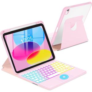 Touchpad Keyboard Case for iPad (A16) 11th 10th Generation, 360 Rotation Cover with Pencil Holder Wireless Backlit Detachable Keypad for iPad 11 inch 2025/10 Gen 10.9" 2022 Pink